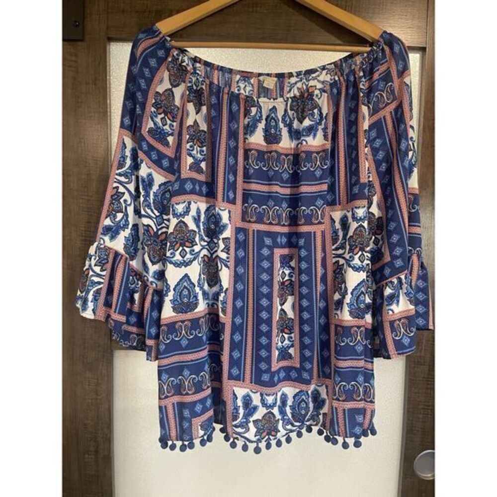 Cato est 1946 Women's Tunic Blouse 3/4 Bell Sleeve PomPom Trim Plus Size XL
